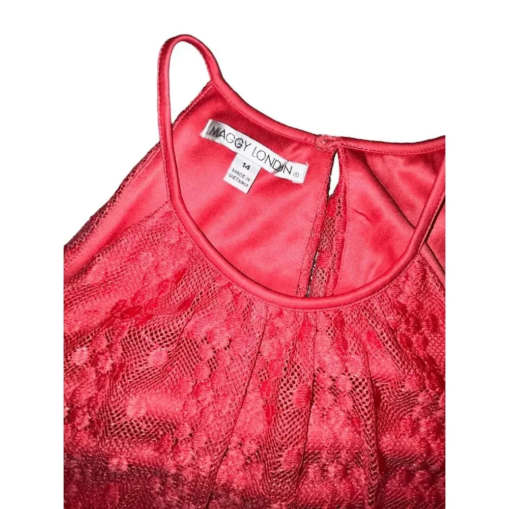 Maggy London Pink Lace Eyelet Keyhole Back Sleeveless Asymmetrical Dress Size 14